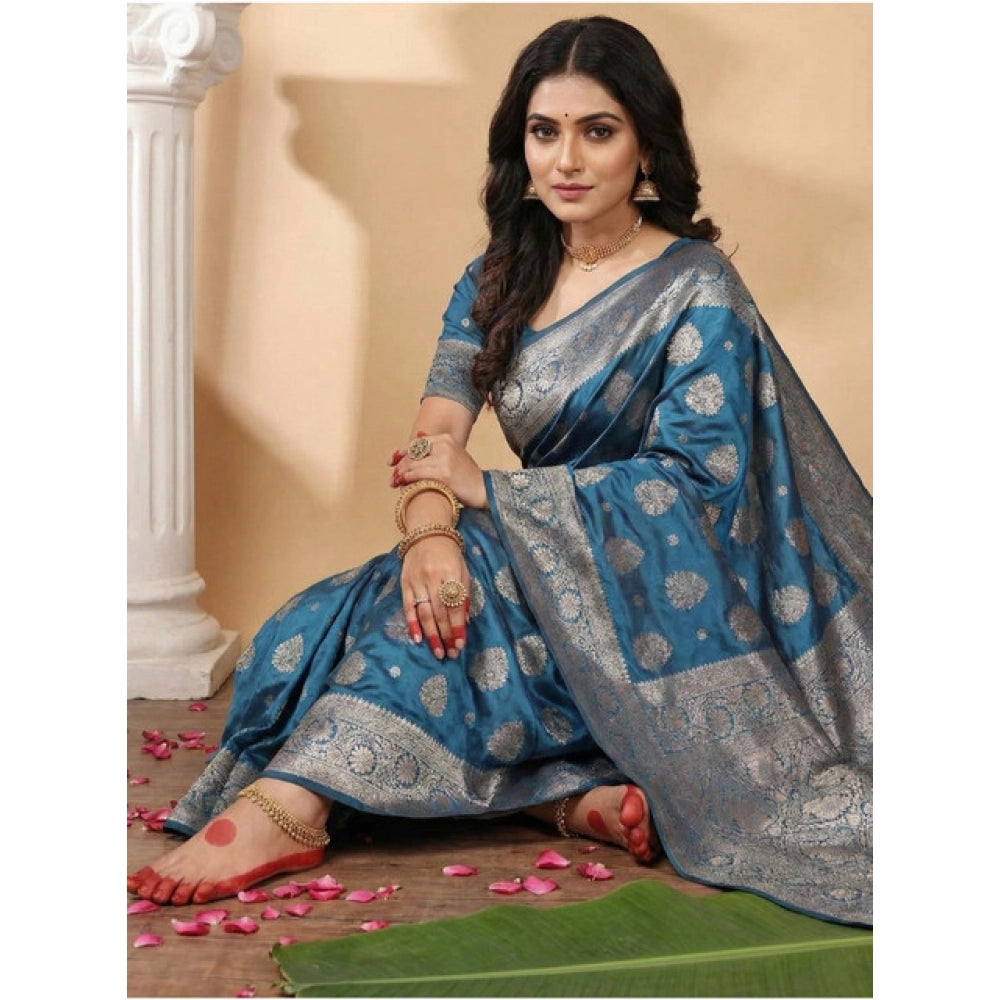 Snuggle Spot Women's Silk Blend Printed Saree With Unstitched Blouse 5.5Mtr (Teal Blue)