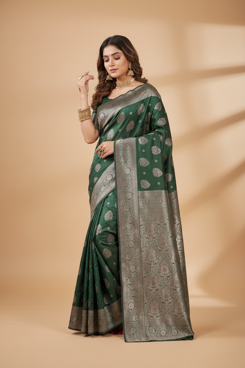 Snuggle Spot Women's Silk Blend Printed Saree With Unstitched Blouse 5.5Mtr (Dark Green)