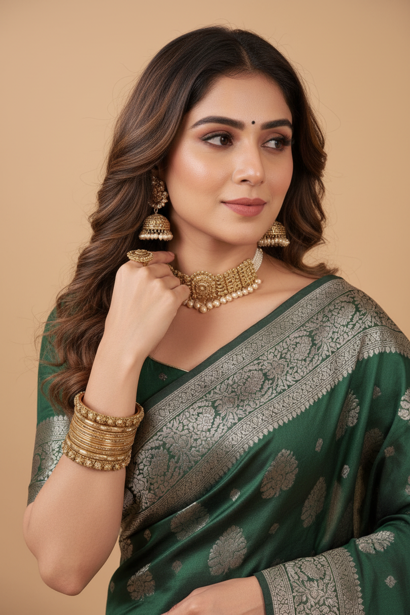 Snuggle Spot Women's Silk Blend Printed Saree With Unstitched Blouse 5.5Mtr (Dark Green)
