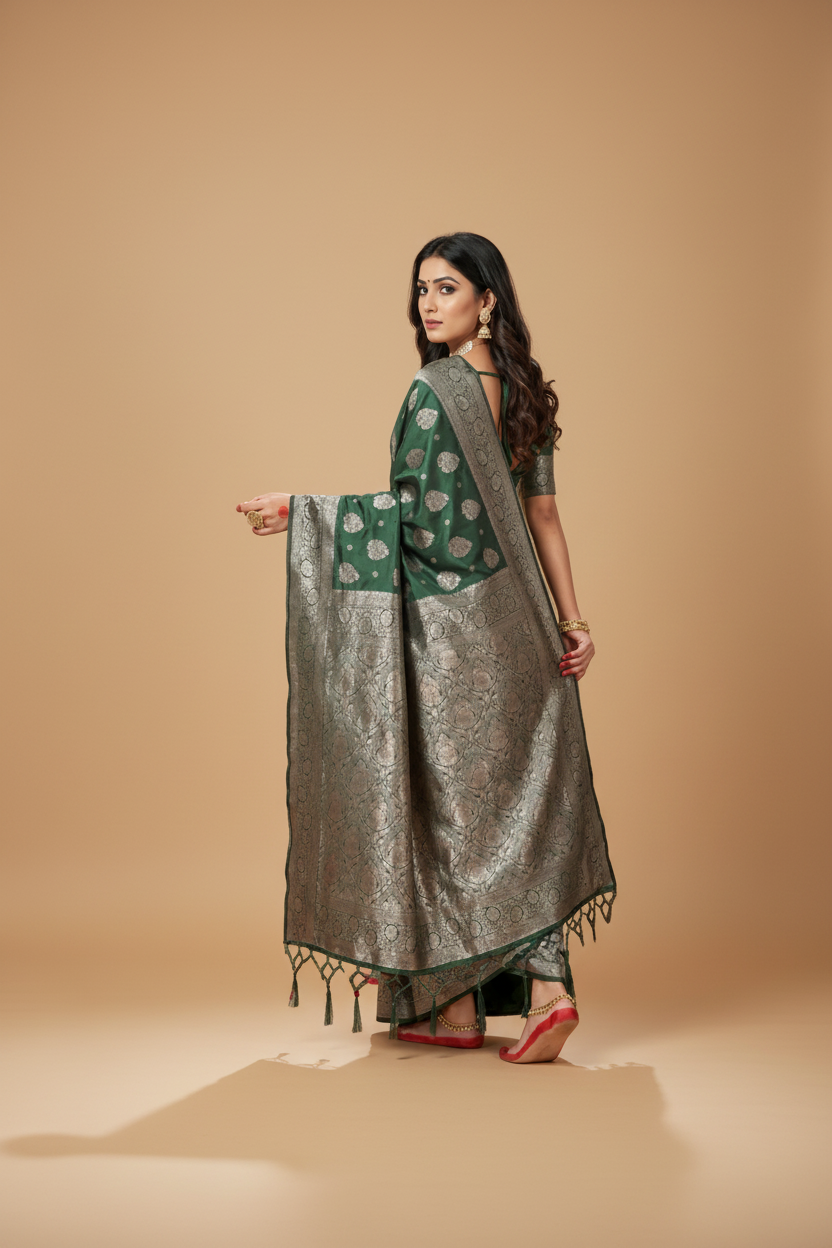 Snuggle Spot Women's Silk Blend Printed Saree With Unstitched Blouse 5.5Mtr (Dark Green)