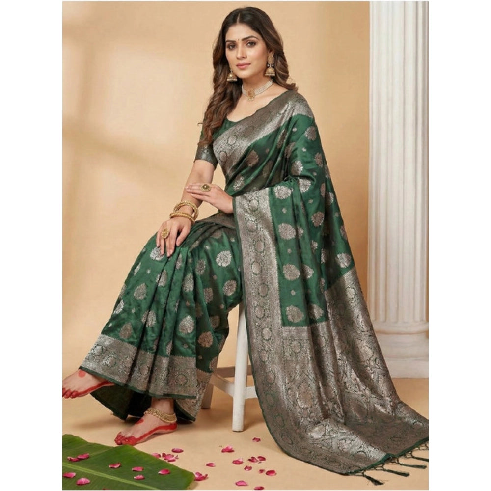 Snuggle Spot Women's Silk Blend Printed Saree With Unstitched Blouse 5.5Mtr (Dark Green)