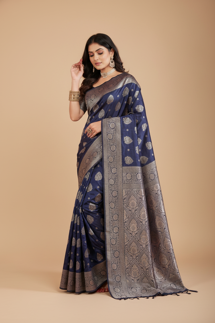 Snuggle Spot Women's Silk Blend Printed Saree With Unstitched Blouse 5.5Mtr (Navy Blue)