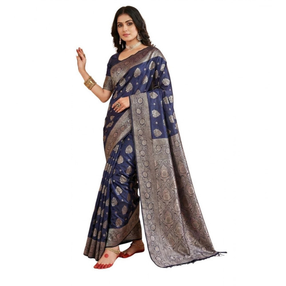 Snuggle Spot Women's Silk Blend Printed Saree With Unstitched Blouse 5.5Mtr (Navy Blue)