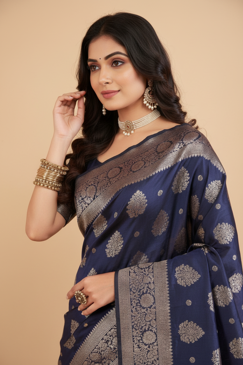 Snuggle Spot Women's Silk Blend Printed Saree With Unstitched Blouse 5.5Mtr (Navy Blue)