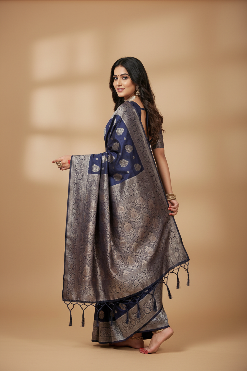 Snuggle Spot Women's Silk Blend Printed Saree With Unstitched Blouse 5.5Mtr (Navy Blue)