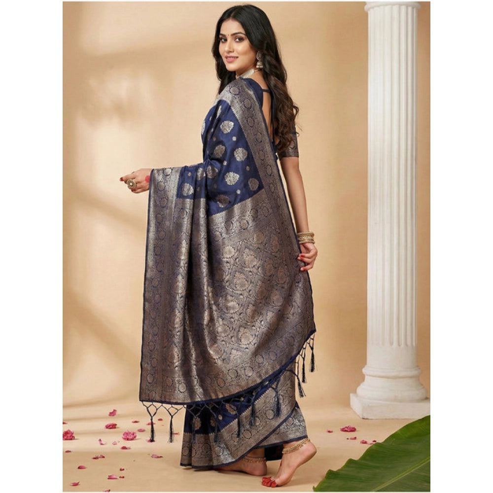 Snuggle Spot Women's Silk Blend Printed Saree With Unstitched Blouse 5.5Mtr (Navy Blue)