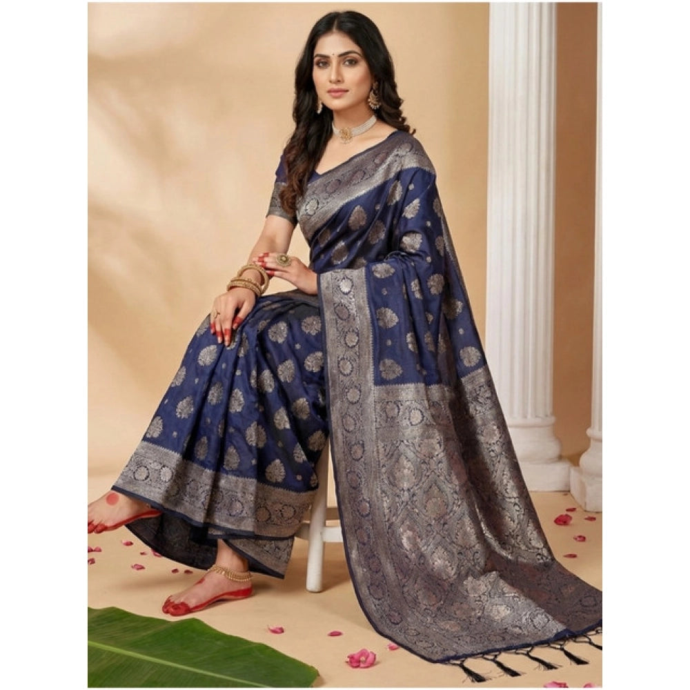 Snuggle Spot Women's Silk Blend Printed Saree With Unstitched Blouse 5.5Mtr (Navy Blue)