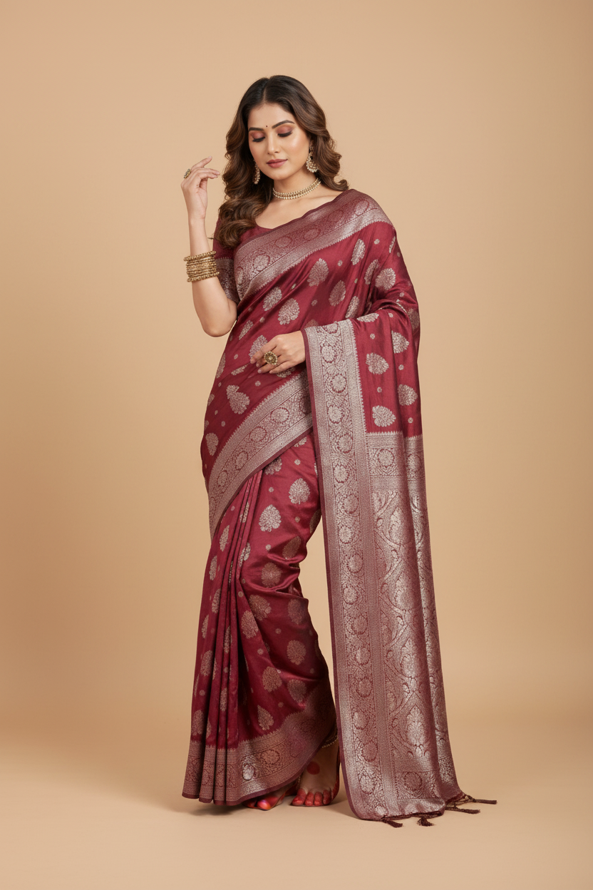 Snuggle Spot Women's Silk Blend Printed Saree With Unstitched Blouse 5.5Mtr (Maroon)