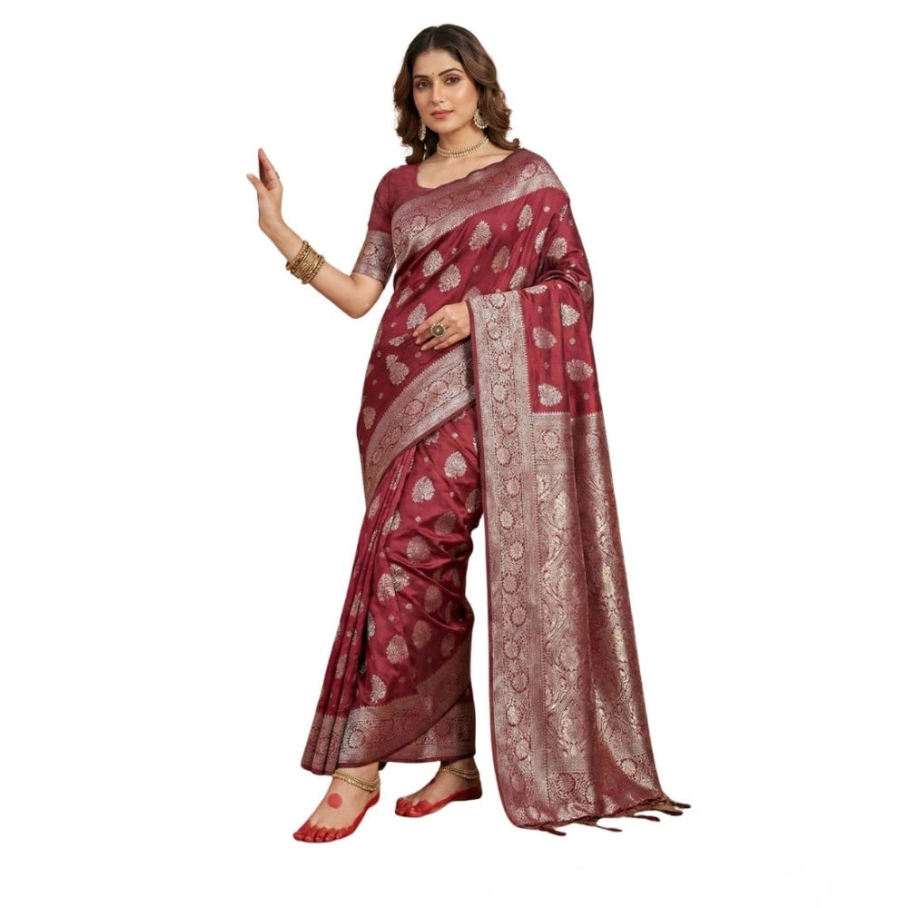 Snuggle Spot Women's Silk Blend Printed Saree With Unstitched Blouse 5.5Mtr (Maroon)