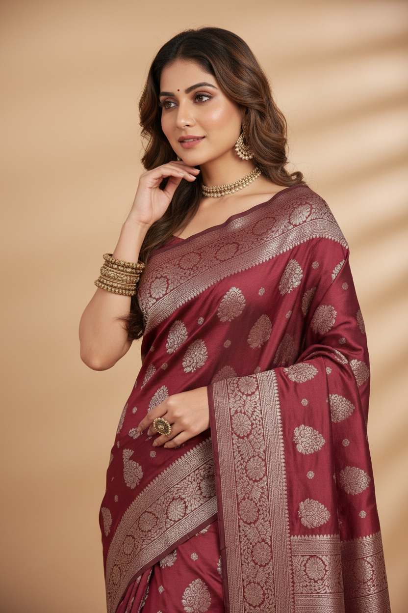 Snuggle Spot Women's Silk Blend Printed Saree With Unstitched Blouse 5.5Mtr (Maroon)