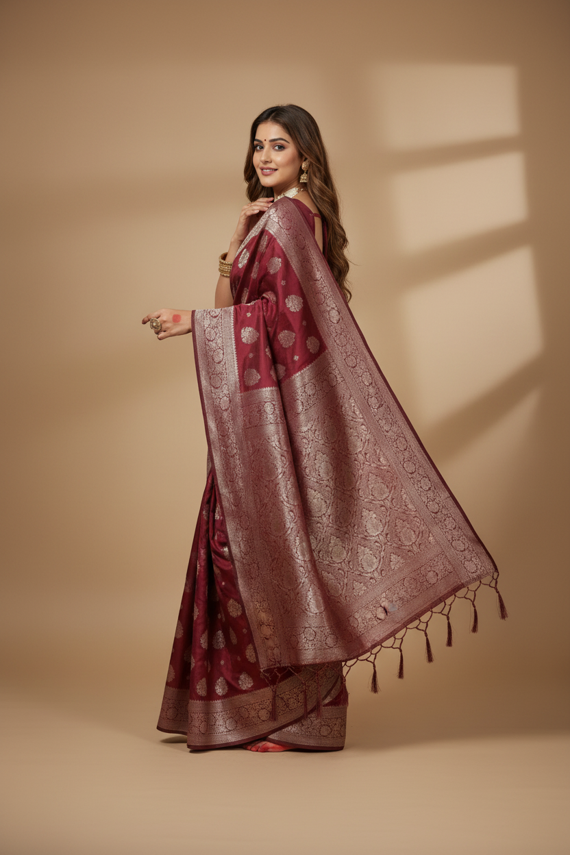 Snuggle Spot Women's Silk Blend Printed Saree With Unstitched Blouse 5.5Mtr (Maroon)