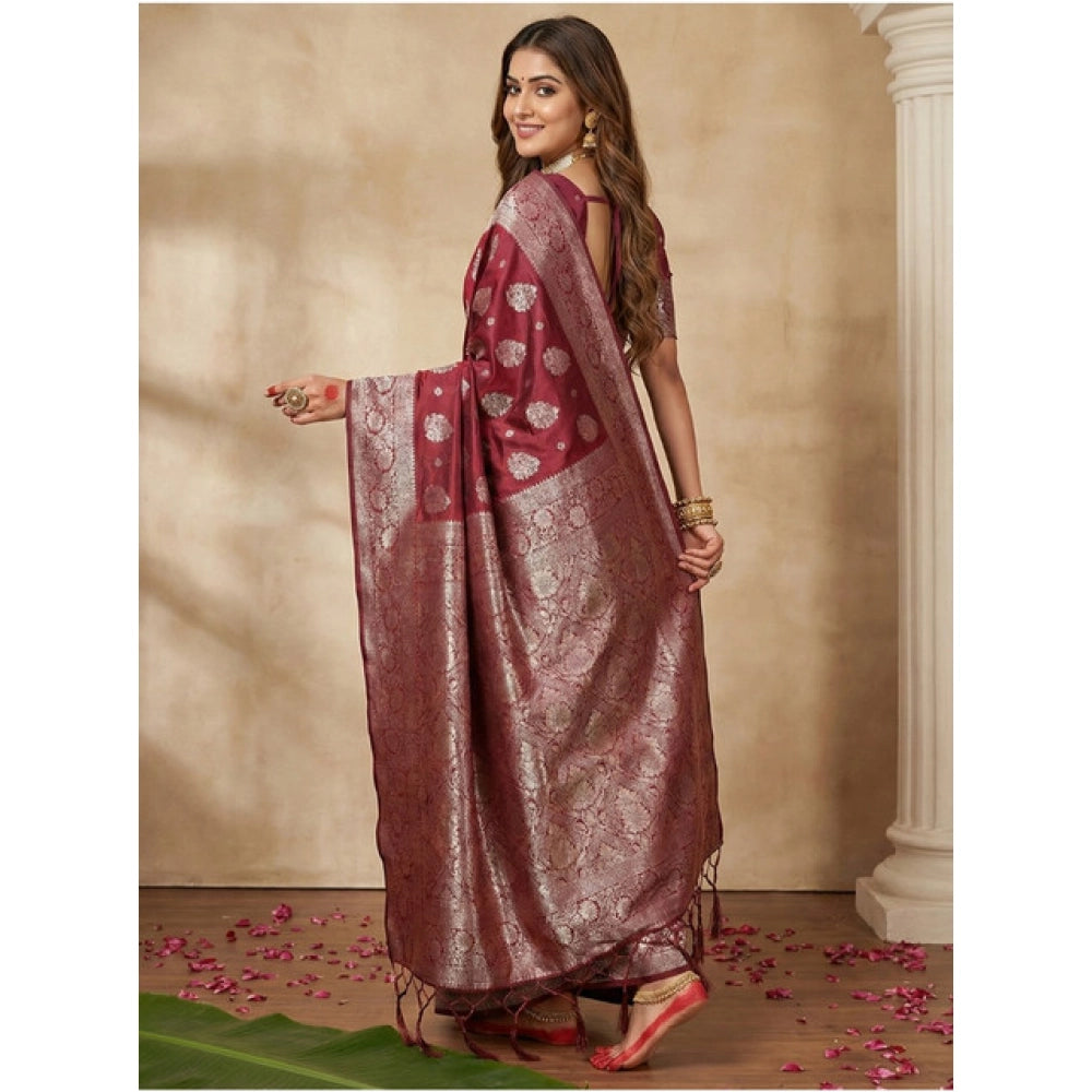 Snuggle Spot Women's Silk Blend Printed Saree With Unstitched Blouse 5.5Mtr (Maroon)
