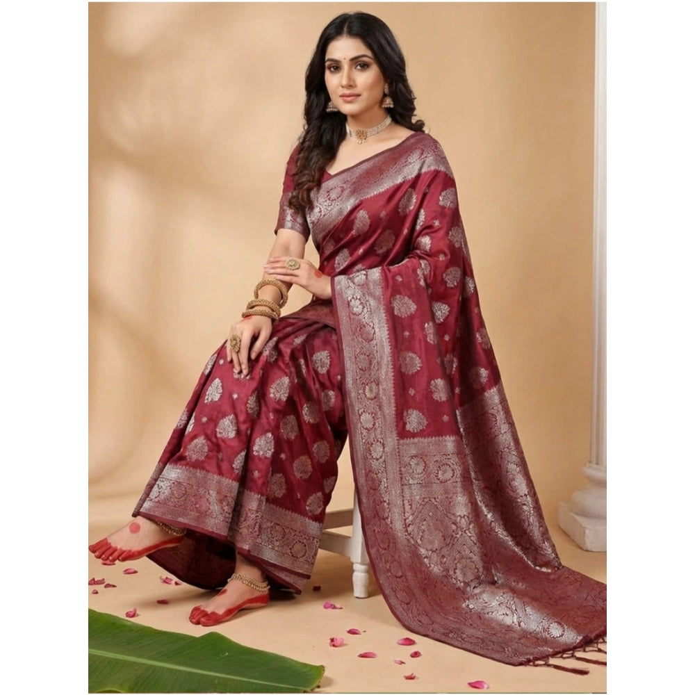 Snuggle Spot Women's Silk Blend Printed Saree With Unstitched Blouse 5.5Mtr (Maroon)
