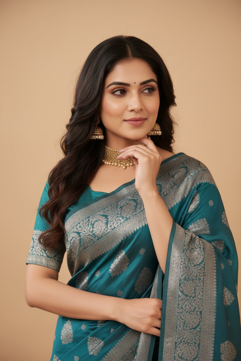 Snuggle Spot Women's Silk Blend Printed Saree With Unstitched Blouse 5.5Mtr (Sea Green)