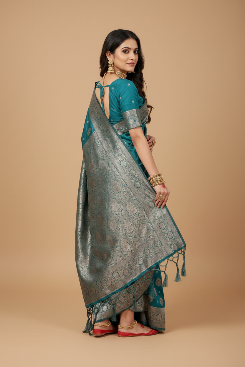 Snuggle Spot Women's Silk Blend Printed Saree With Unstitched Blouse 5.5Mtr (Sea Green)