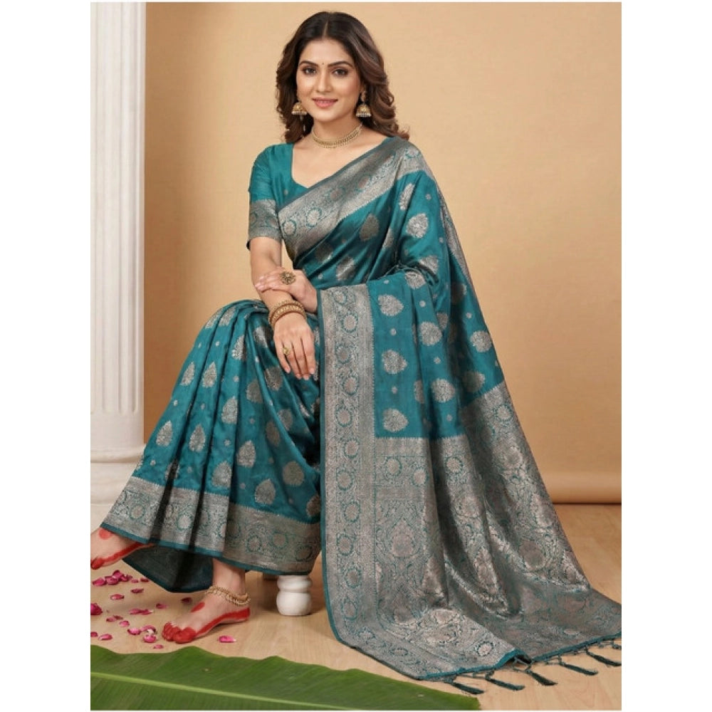 Snuggle Spot Women's Silk Blend Printed Saree With Unstitched Blouse 5.5Mtr (Sea Green)