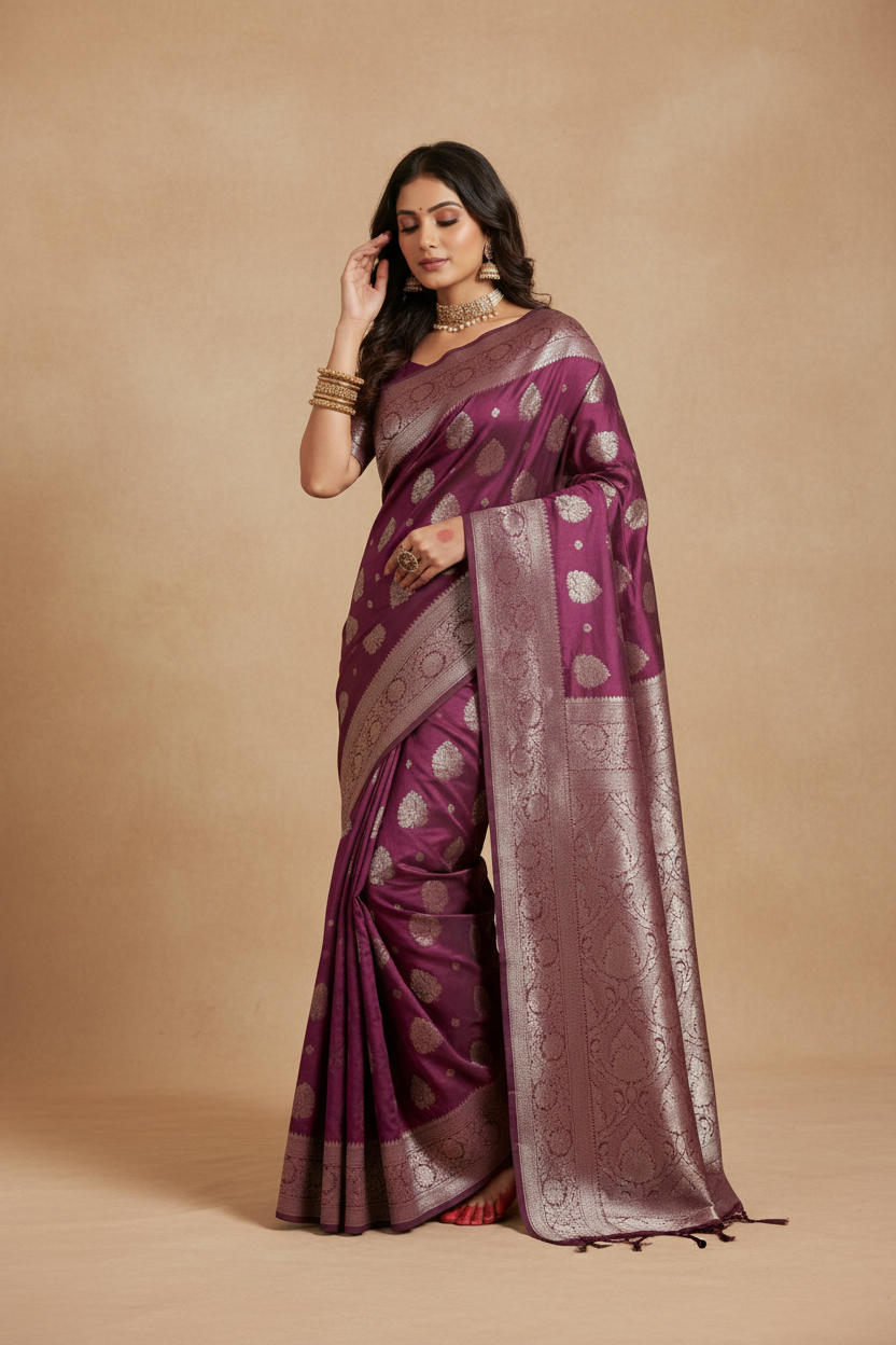 Snuggle Spot Women's Silk Blend Printed Saree With Unstitched Blouse 5.5Mtr (Purple)