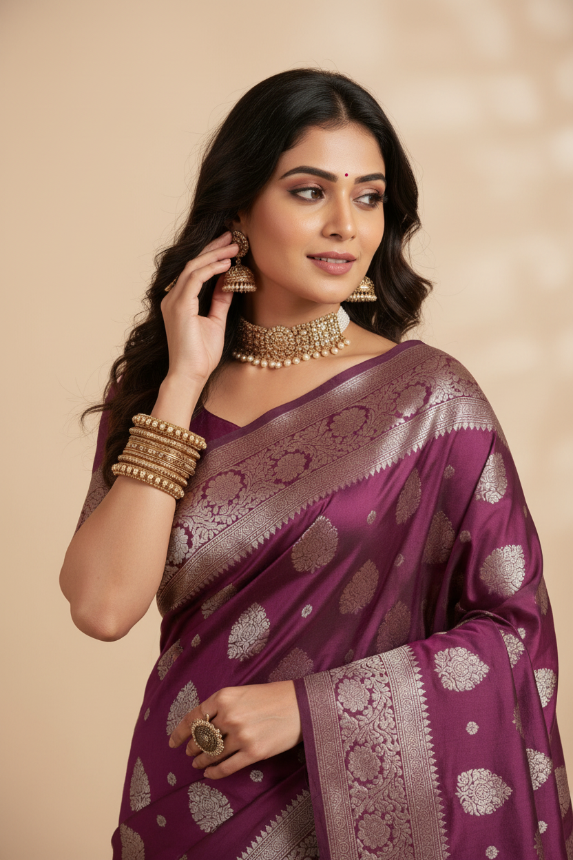 Snuggle Spot Women's Silk Blend Printed Saree With Unstitched Blouse 5.5Mtr (Purple)