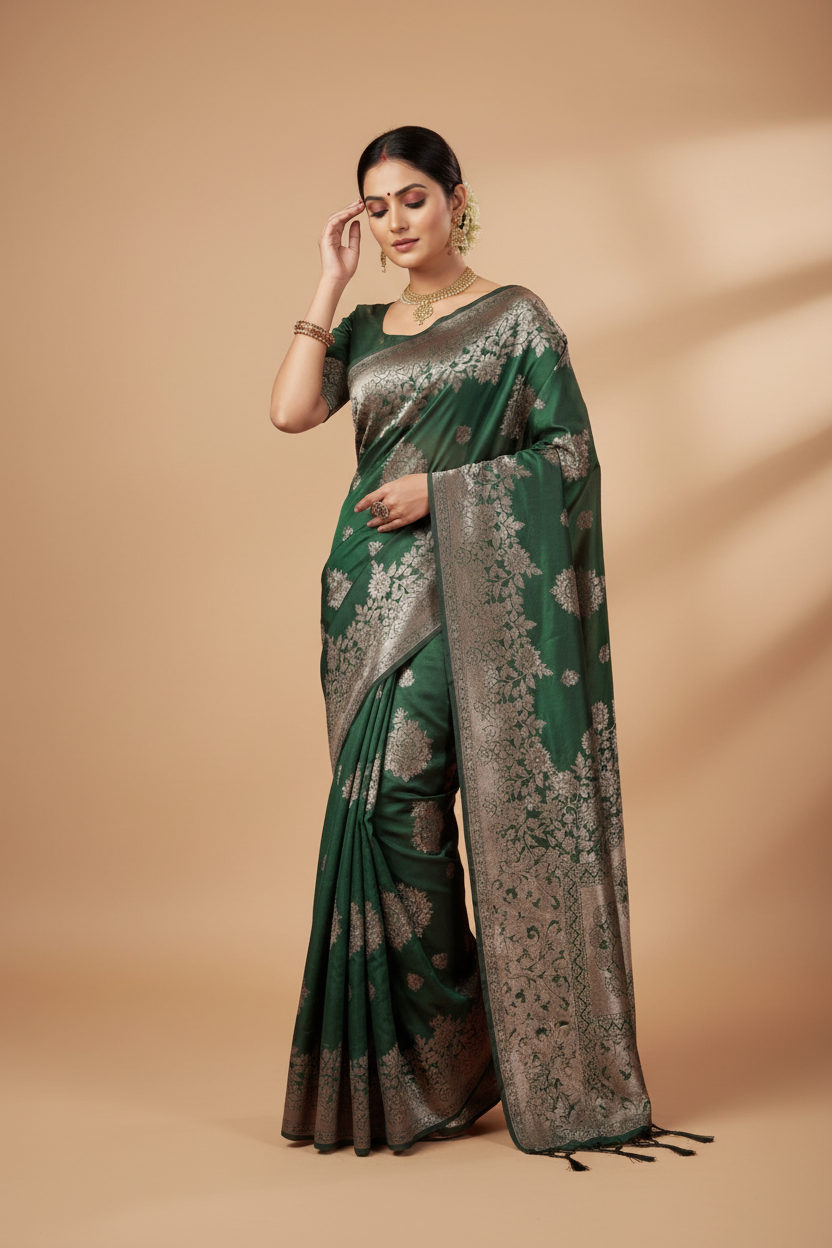 Snuggle Spot Women's Silk Blend Printed Saree With Unstitched Blouse 5.5Mtr (Dark Green)