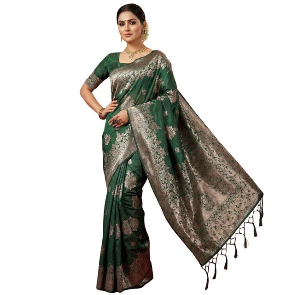 Snuggle Spot Women's Silk Blend Printed Saree With Unstitched Blouse 5.5Mtr (Dark Green)