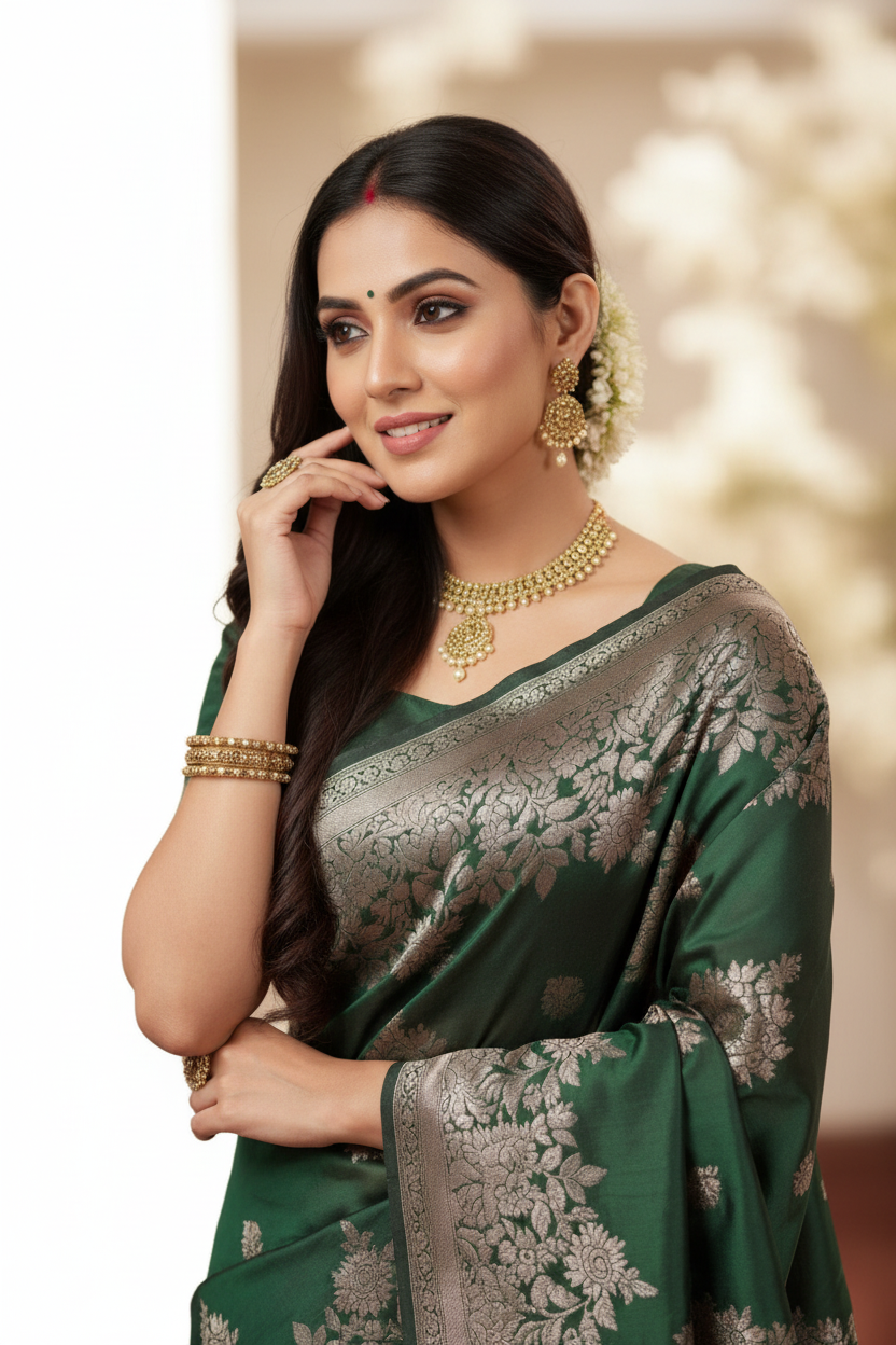 Snuggle Spot Women's Silk Blend Printed Saree With Unstitched Blouse 5.5Mtr (Dark Green)