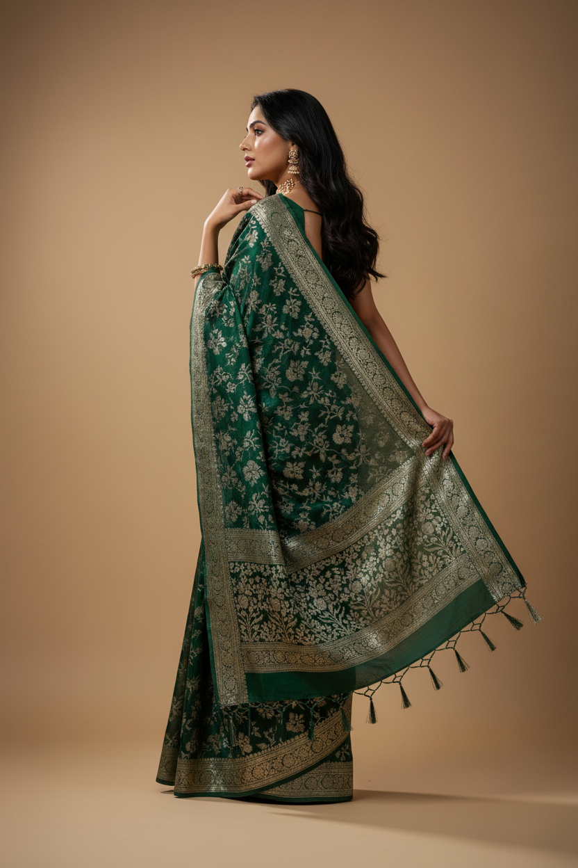 Snuggle Spot Women's Silk Blend Printed Saree With Unstitched Blouse 5.5Mtr (Dark Green)
