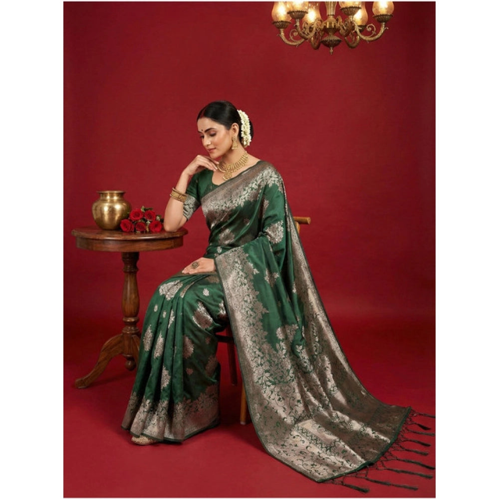 Snuggle Spot Women's Silk Blend Printed Saree With Unstitched Blouse 5.5Mtr (Dark Green)