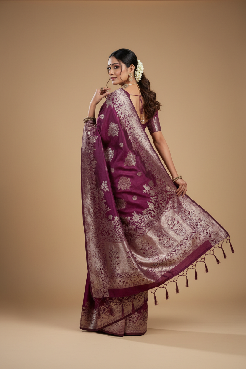 Snuggle Spot Women's Silk Blend Printed Saree With Unstitched Blouse 5.5Mtr (Purple)