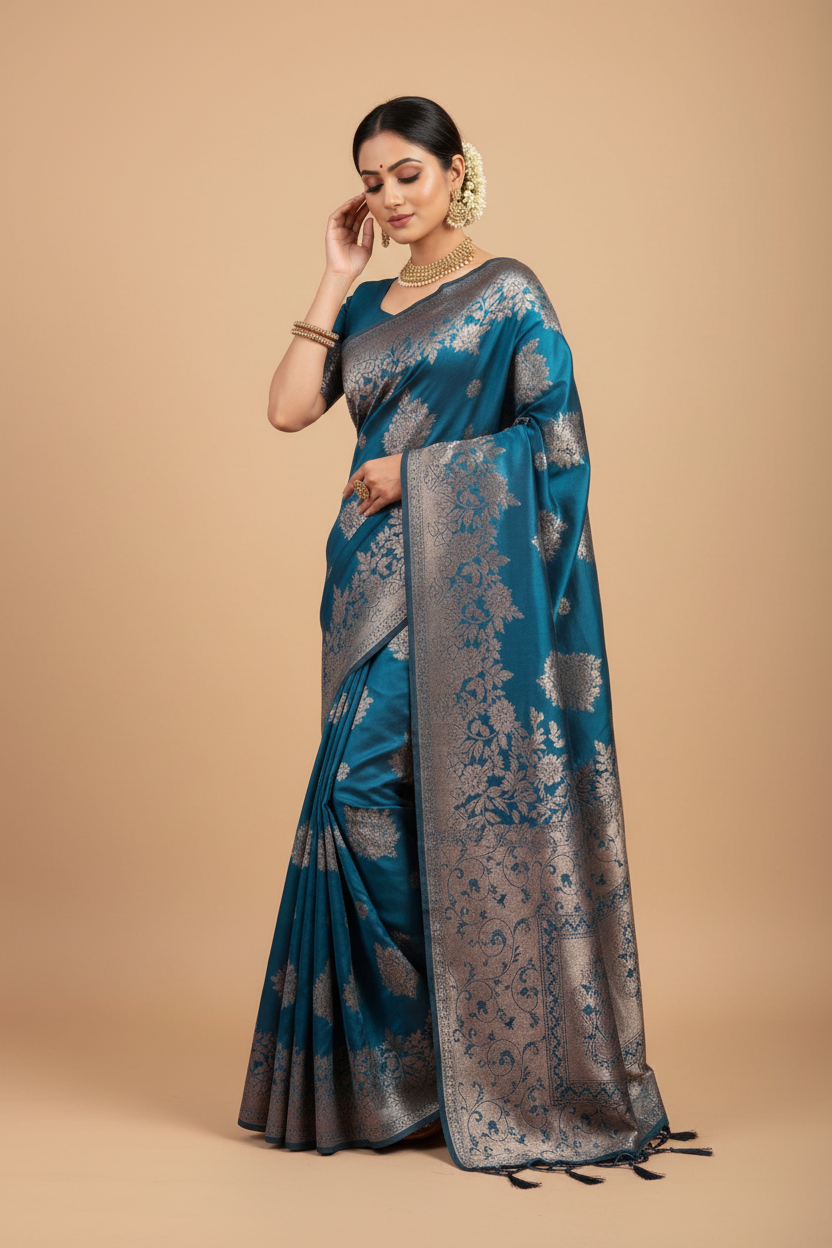 Snuggle Spot Women's Silk Blend Printed Saree With Unstitched Blouse 5.5Mtr (Teal Blue)