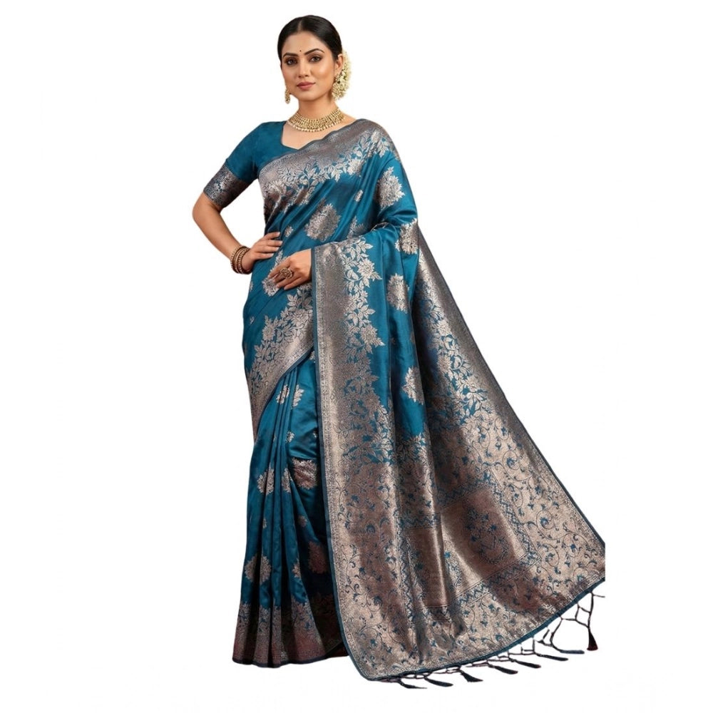 Snuggle Spot Women's Silk Blend Printed Saree With Unstitched Blouse 5.5Mtr (Teal Blue)