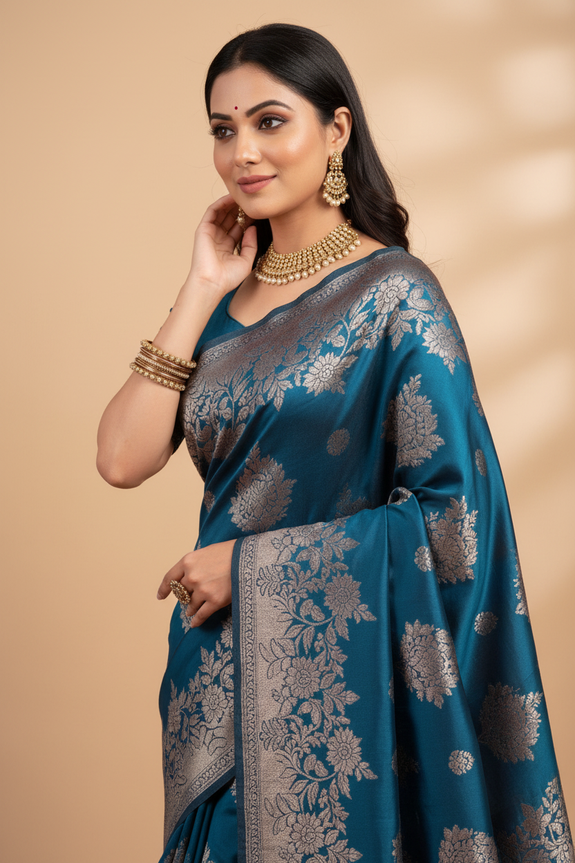 Snuggle Spot Women's Silk Blend Printed Saree With Unstitched Blouse 5.5Mtr (Teal Blue)