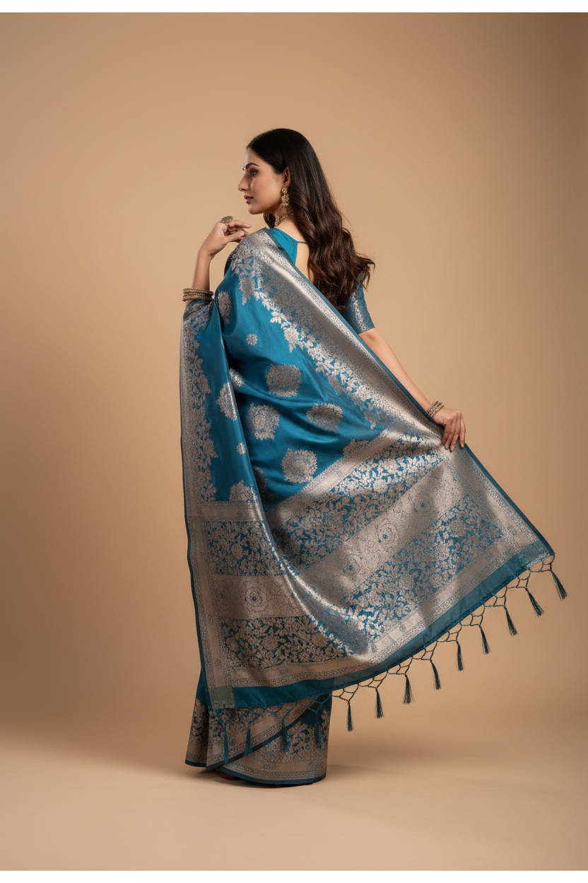 Snuggle Spot Women's Silk Blend Printed Saree With Unstitched Blouse 5.5Mtr (Teal Blue)