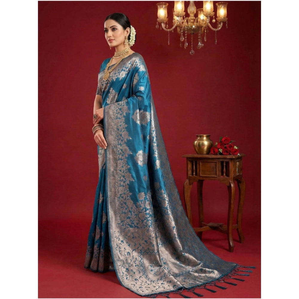 Snuggle Spot Women's Silk Blend Printed Saree With Unstitched Blouse 5.5Mtr (Teal Blue)