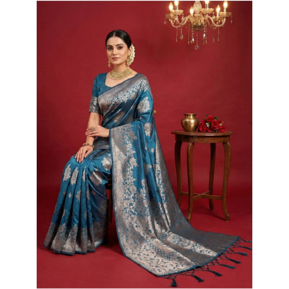 Snuggle Spot Women's Silk Blend Printed Saree With Unstitched Blouse 5.5Mtr (Teal Blue)