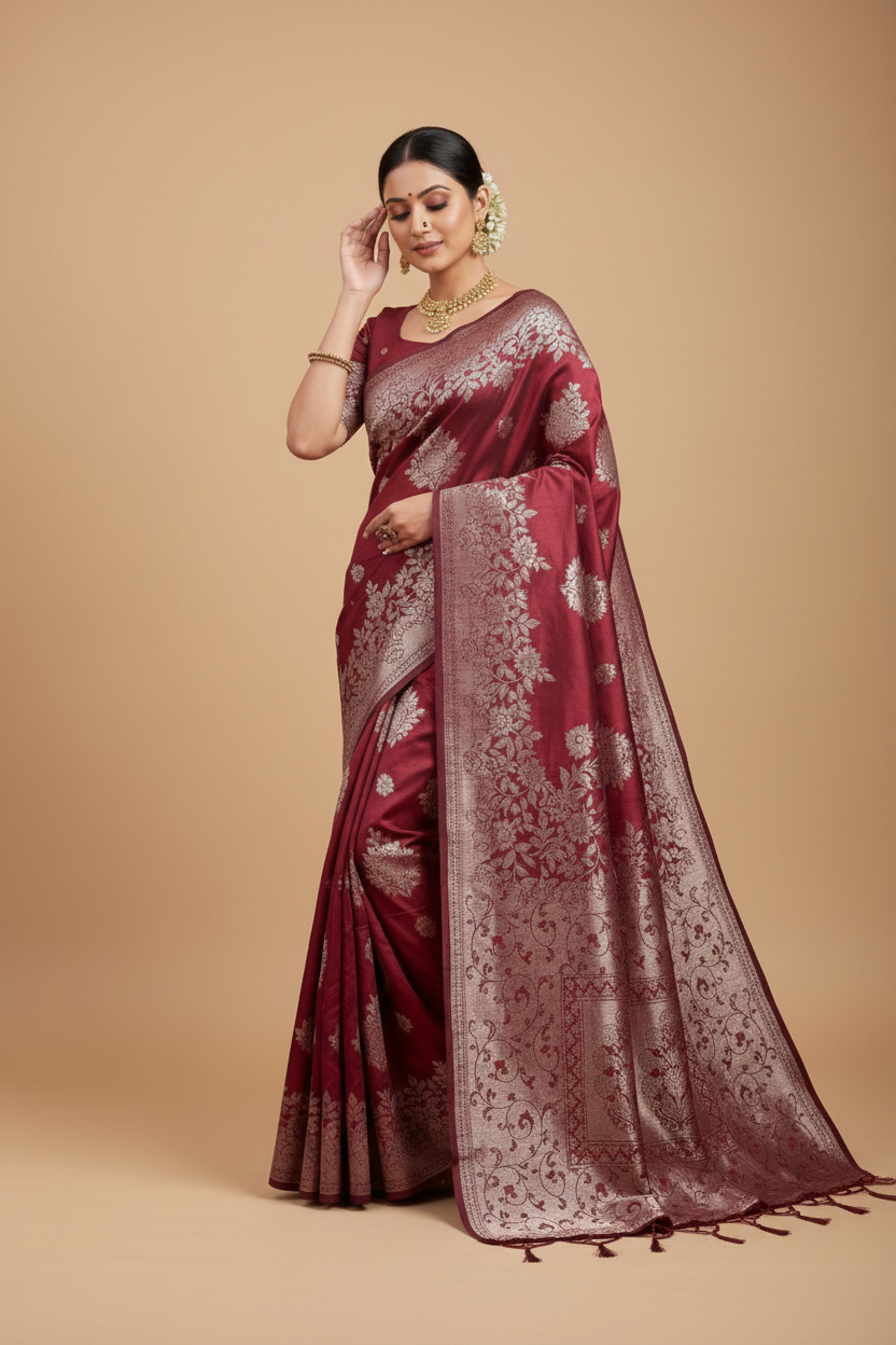 Snuggle Spot Women's Silk Blend Printed Saree With Unstitched Blouse 5.5Mtr (Maroon)