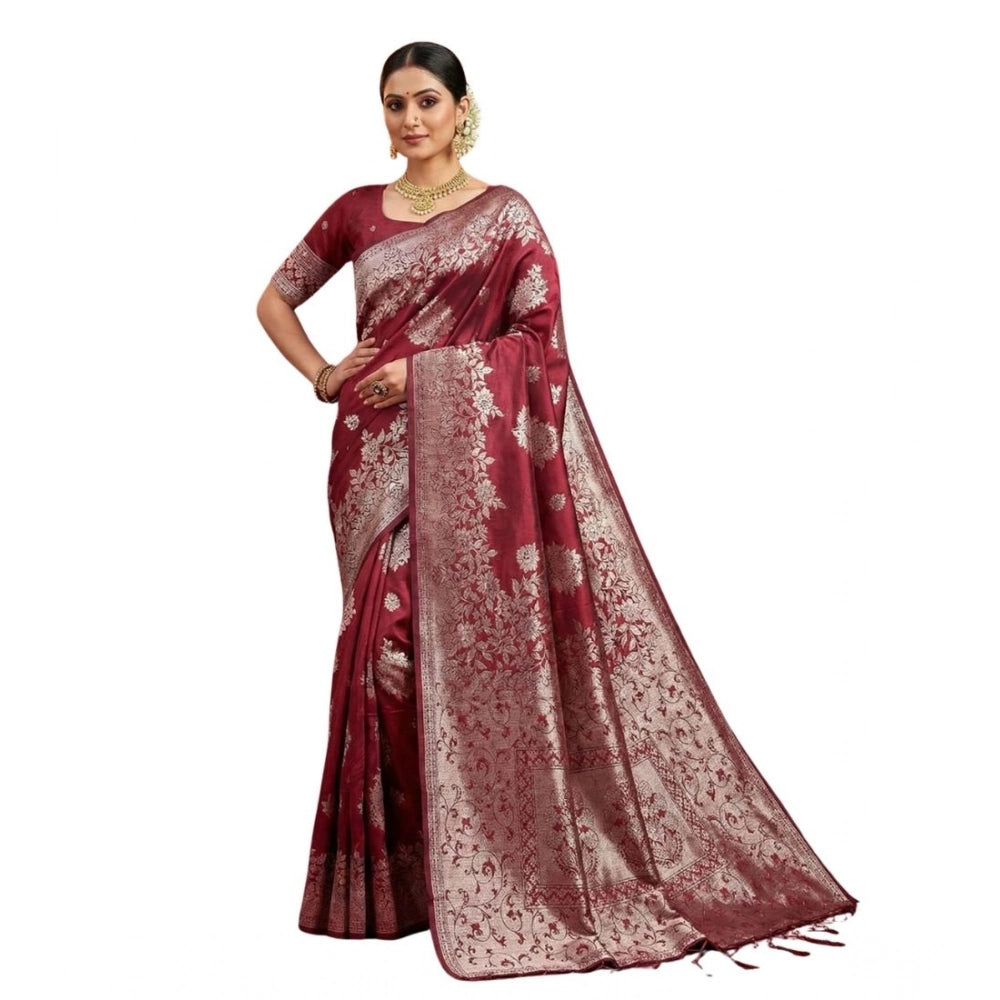 Snuggle Spot Women's Silk Blend Printed Saree With Unstitched Blouse 5.5Mtr (Maroon)