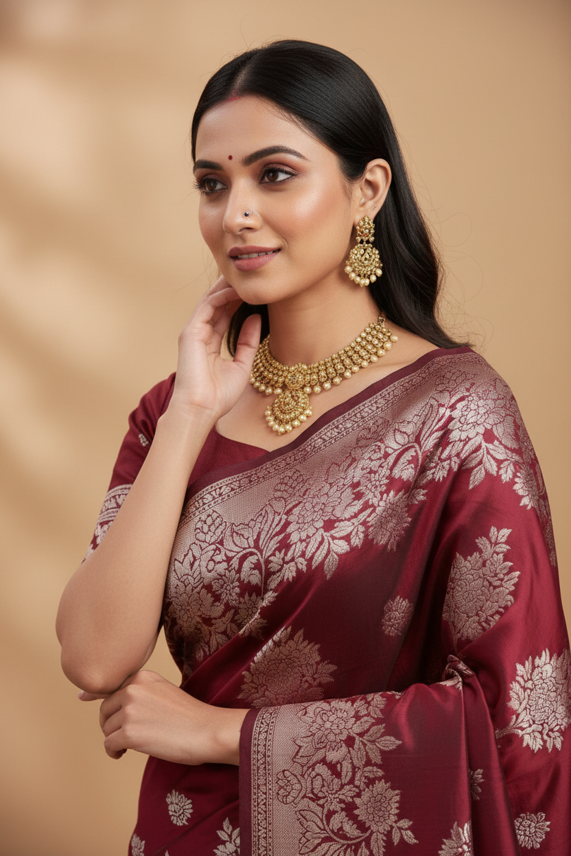 Snuggle Spot Women's Silk Blend Printed Saree With Unstitched Blouse 5.5Mtr (Maroon)