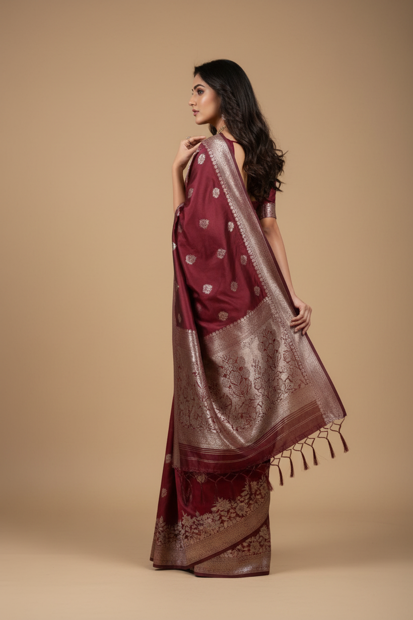 Snuggle Spot Women's Silk Blend Printed Saree With Unstitched Blouse 5.5Mtr (Maroon)