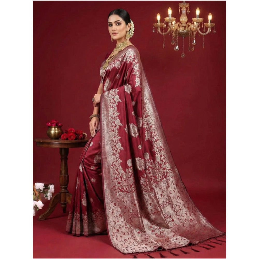 Snuggle Spot Women's Silk Blend Printed Saree With Unstitched Blouse 5.5Mtr (Maroon)