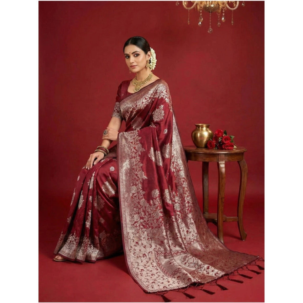 Snuggle Spot Women's Silk Blend Printed Saree With Unstitched Blouse 5.5Mtr (Maroon)