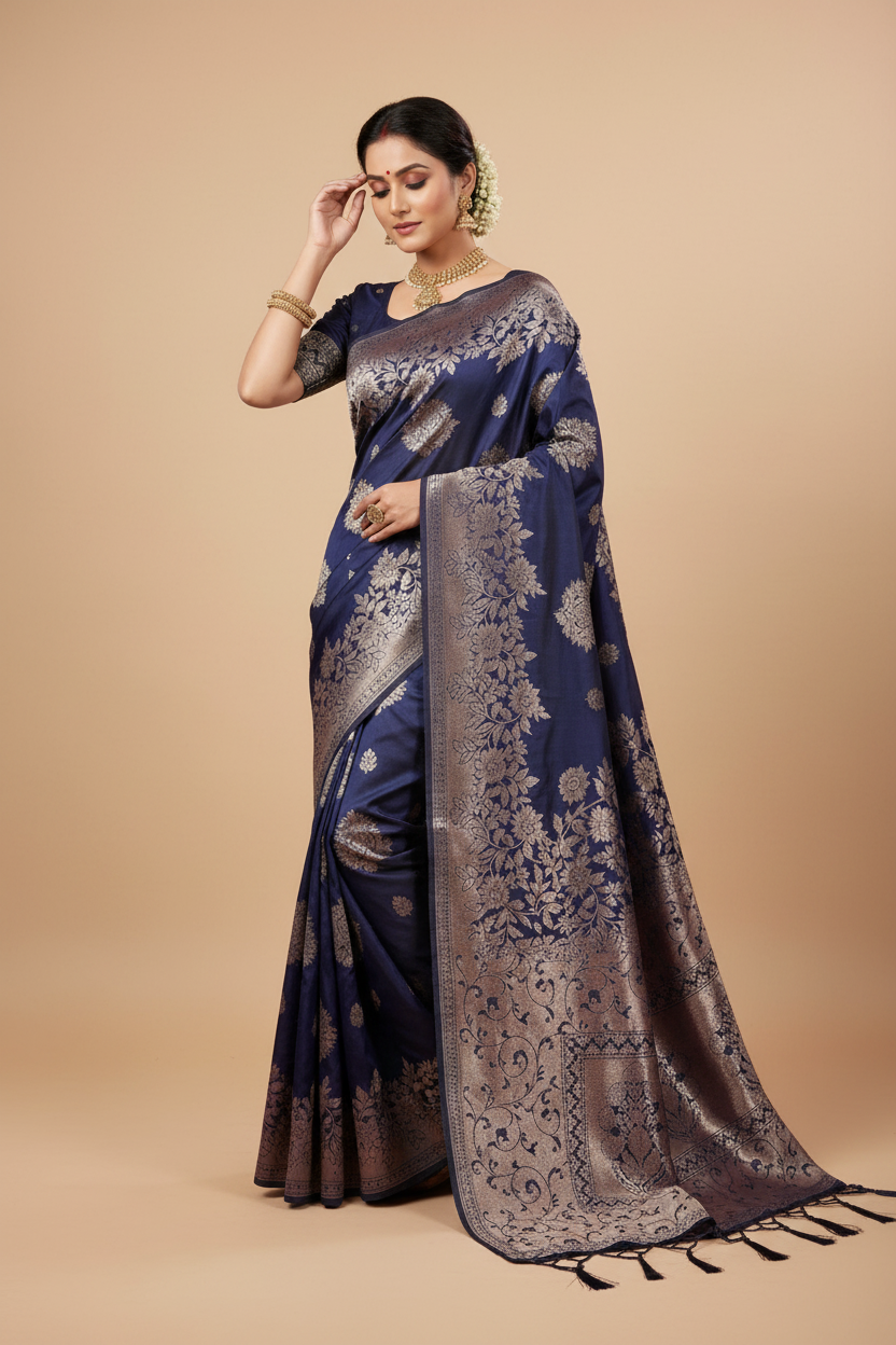 Snuggle Spot Women's Silk Blend Printed Saree With Unstitched Blouse 5.5Mtr (Navy Blue)