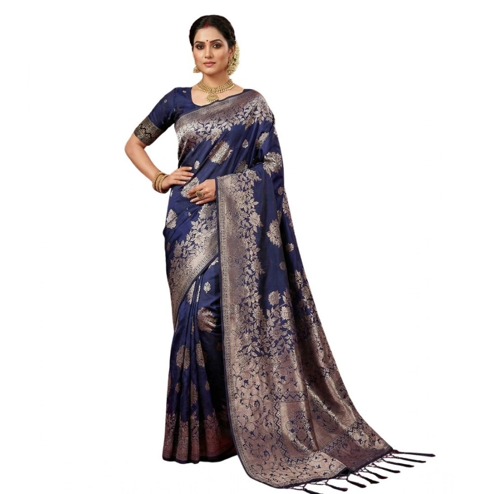 Snuggle Spot Women's Silk Blend Printed Saree With Unstitched Blouse 5.5Mtr (Navy Blue)