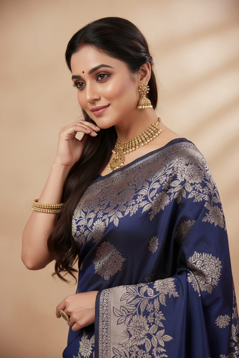 Snuggle Spot Women's Silk Blend Printed Saree With Unstitched Blouse 5.5Mtr (Navy Blue)