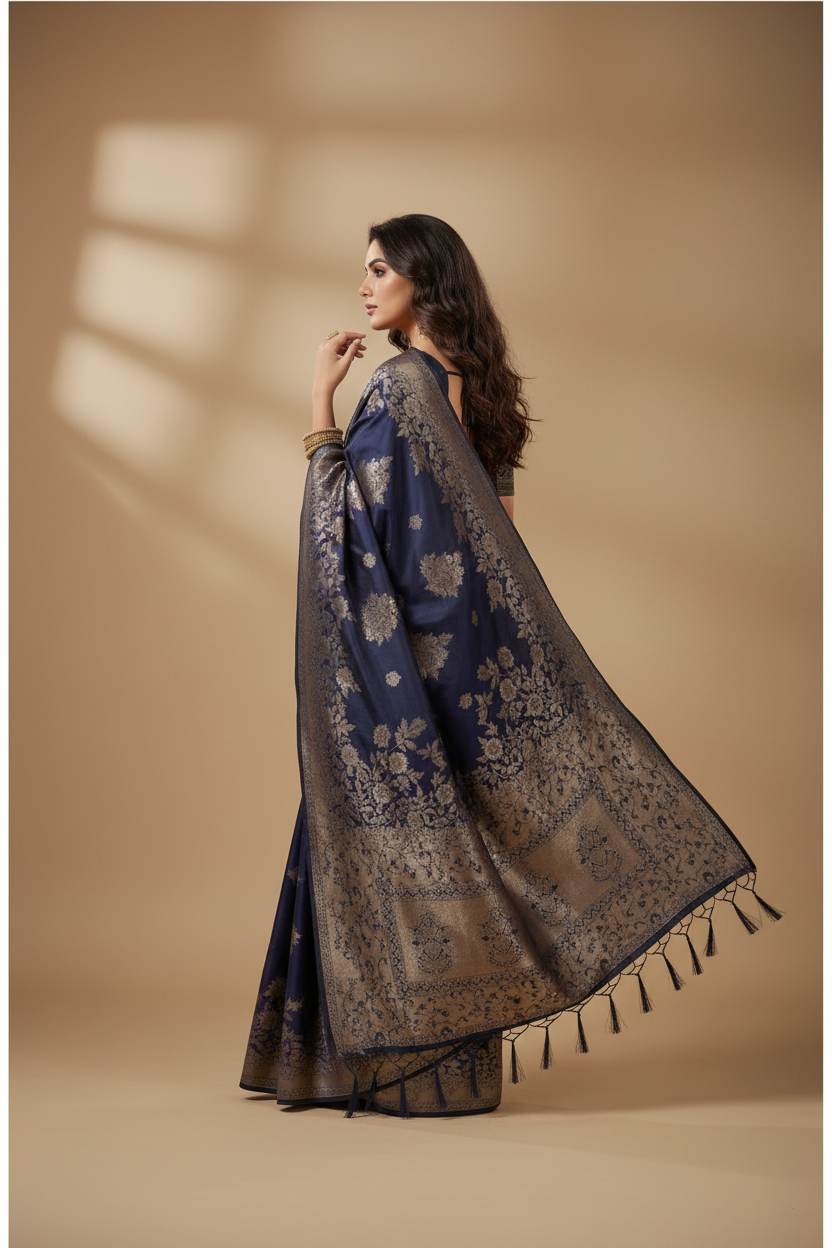 Snuggle Spot Women's Silk Blend Printed Saree With Unstitched Blouse 5.5Mtr (Navy Blue)