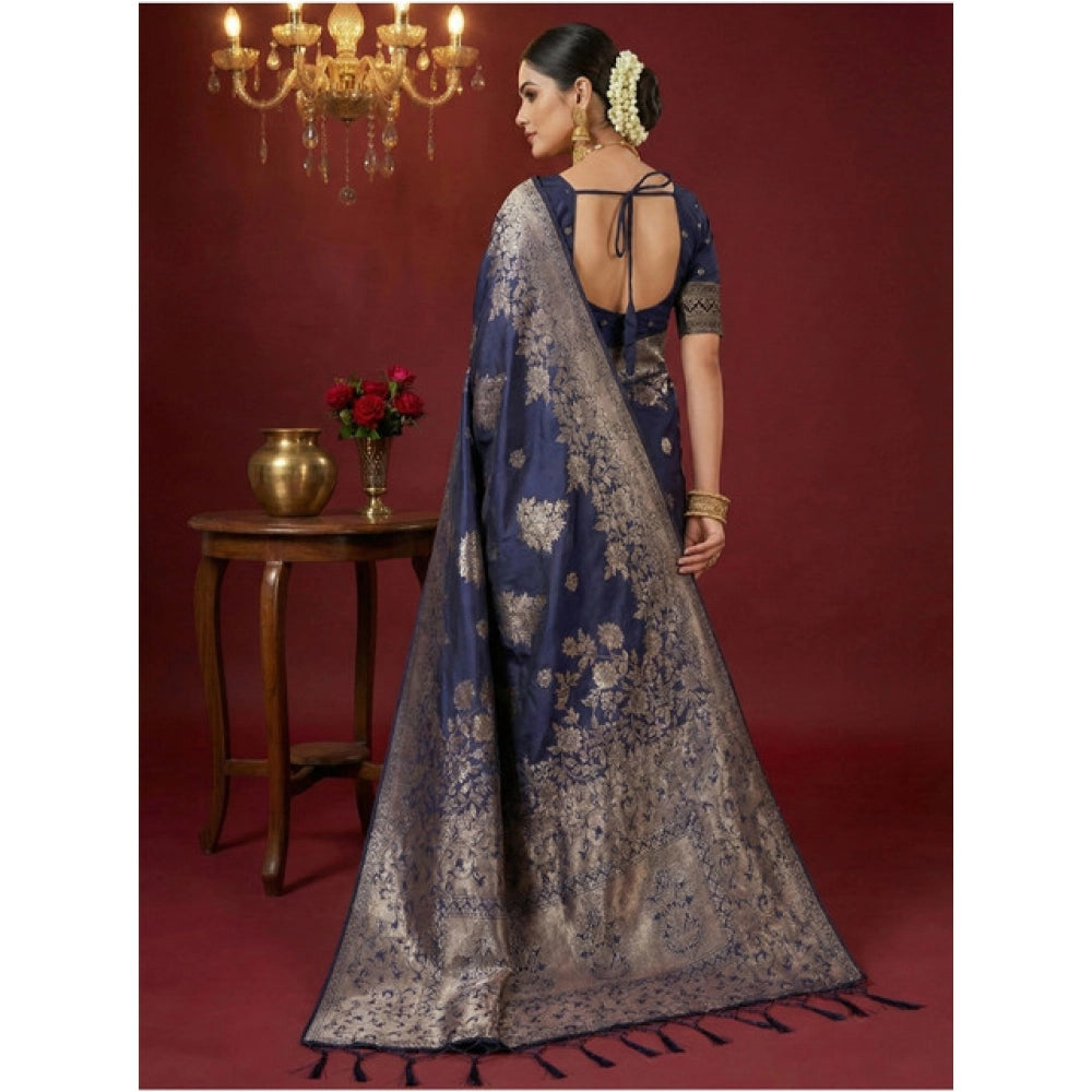 Snuggle Spot Women's Silk Blend Printed Saree With Unstitched Blouse 5.5Mtr (Navy Blue)