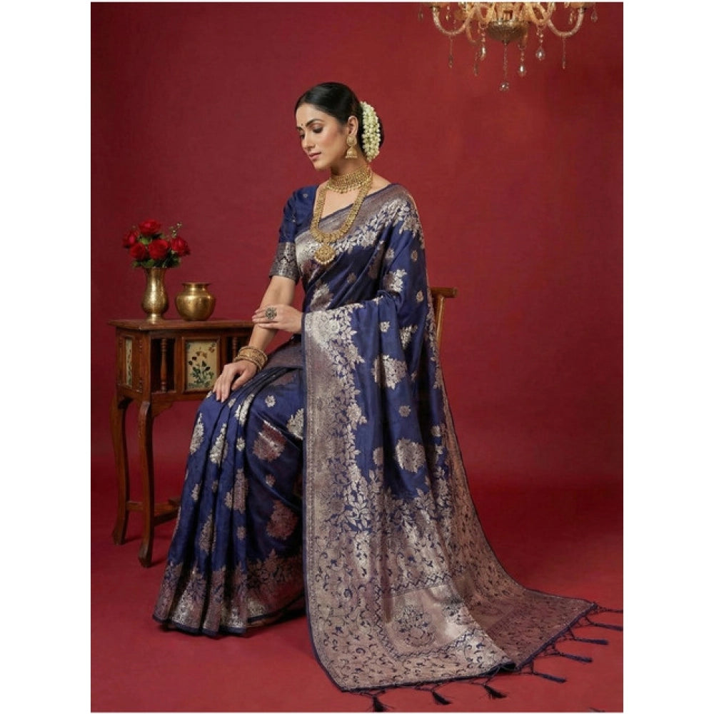 Snuggle Spot Women's Silk Blend Printed Saree With Unstitched Blouse 5.5Mtr (Navy Blue)