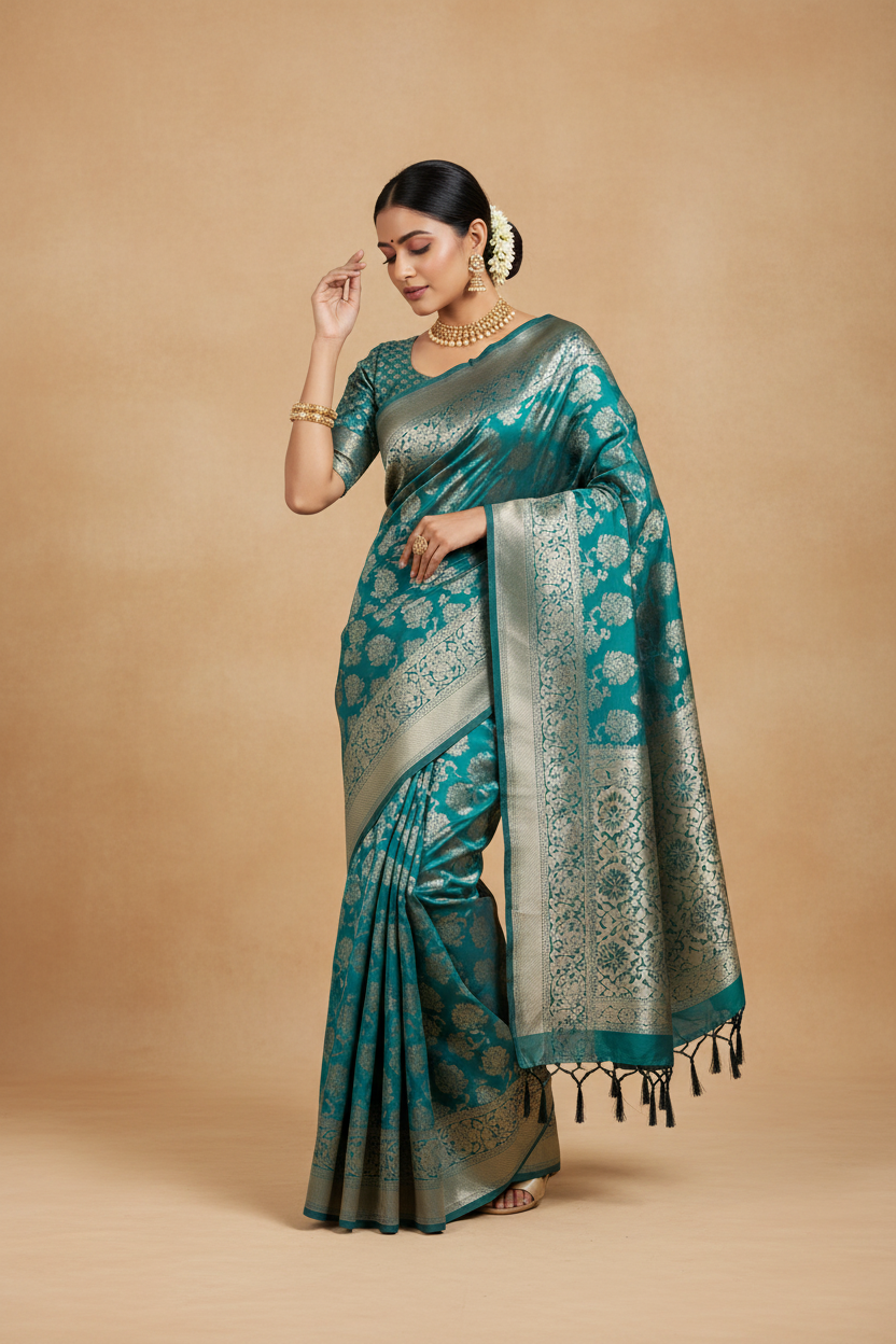 Snuggle Spot Women's Silk Blend Printed Saree With Unstitched Blouse 5.5Mtr (Sea Green)