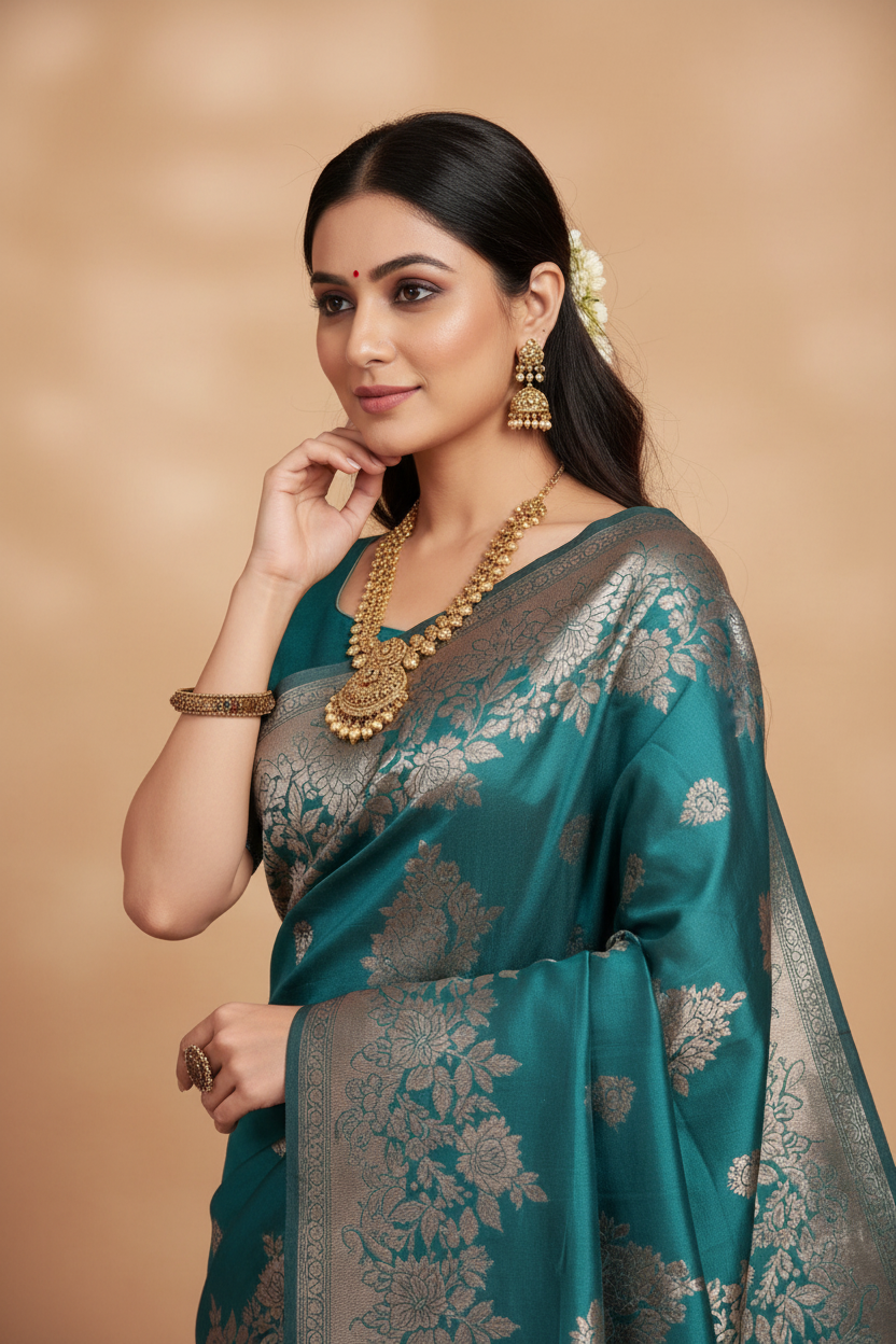 Snuggle Spot Women's Silk Blend Printed Saree With Unstitched Blouse 5.5Mtr (Sea Green)