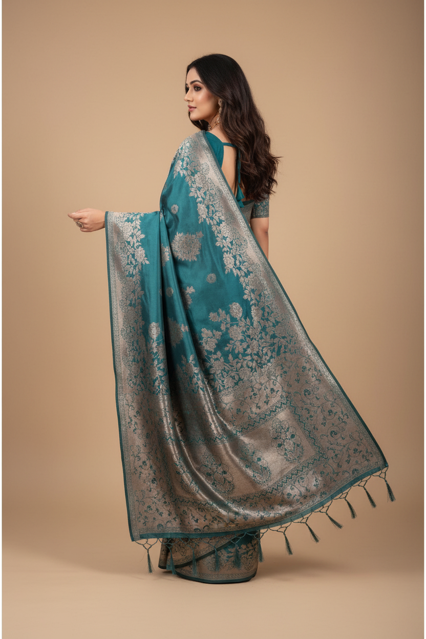 Snuggle Spot Women's Silk Blend Printed Saree With Unstitched Blouse 5.5Mtr (Sea Green)