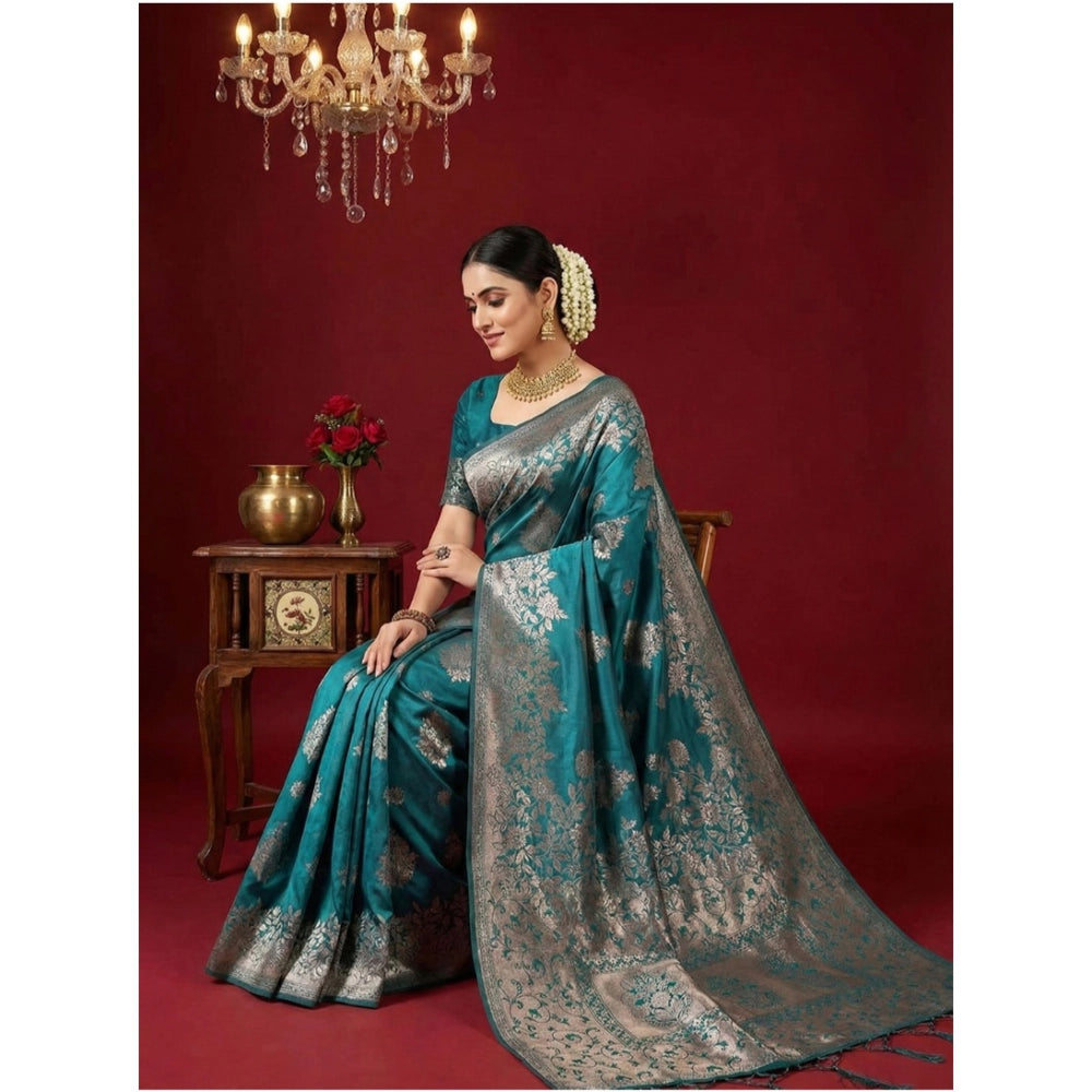 Snuggle Spot Women's Silk Blend Printed Saree With Unstitched Blouse 5.5Mtr (Sea Green)